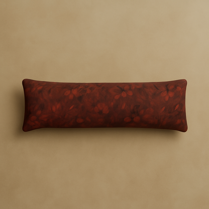 Rectangular pillow with a red and brown abstract pattern on a beige background